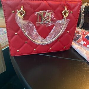 Badgley Mischka Red and Gold Crossbody Bag with Quilted Design